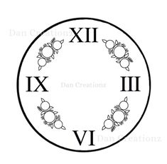 a clock with roman numerals and flowers on the face, in black and white