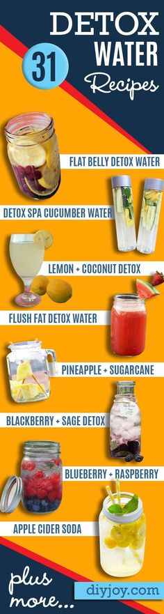 31 Detox Water Recipes for Drinks To Cleanse Skin and Body. Easy to Make Waters and Tea Promote Health, Diet and Support Weight loss | Detox Ideas to Lose Weight and Remove Toxins http://diyjoy.com/diy-detox-water-recipes Recipes For Drinks, Diy Detox, Detox Waters, Flat Belly Detox, Resep Diet, Detox Water Recipes, Spa Water, Remove Toxins