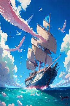 an anime ship in the middle of the ocean with seagulls flying around it