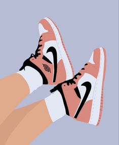 a pair of pink and white sneakers with black laces on the toes, against a light blue background