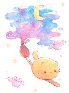 a drawing of a cat flying through the air with bats and stars around it on a white background