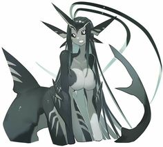 an anime character with long black hair and horns