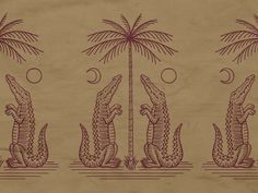 three crocodiles are sitting in front of a tall palm tree and another alligator is standing on the other side