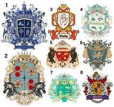 six different crests with the names and numbers on them, all in various colors