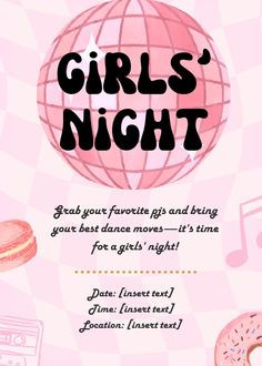 a flyer for girls'night with donuts and music notes