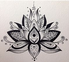 a black and white drawing of a lotus flower with intricate designs on it's petals