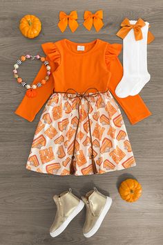 Here For The Pie Orange Dress - Sparkle in Pink Orange Ruffled Dress For Fall, Kids Thanksgiving Outfits, Thanksgiving Outfit Kids, Dress With Booties, Woman Costumes, Kids Fall Outfits, Simple Dressing, Girls Long Sleeve Dresses, Thanksgiving Dress