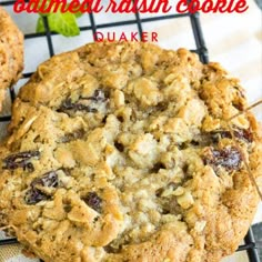 an oatmeal raisin cookie is cooling on a wire rack with the title above it