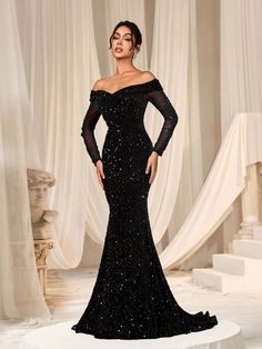 Off Shoulder Long Sleeve Sequin Mermaid Hem Formal Party Long Evening Gown Glittery Dress Black Elegant Prom Wedding Guest Dress, For Graduation, Dinner Black Elegant  Long Sleeve Sequins Plain,All Over Print Bodycon Slight Stretch Fall/Winter,Spring/Summer/Fall Weddings & Events, size features are:Bust: ,Length: ,Sleeve Length: Black Prom Gown Long Sleeve, Black Prom Dress With Long Sleeves, Black Formal Dress Long Classy Sequin, Long Sleeve Matric Dance Dresses, Long Sleeve Off The Shoulder Dress Prom, Prom Sleeve Dress, Floor Length Black Dress Long Sleeve, Gala Winter Dress, Off The Shoulder Long Sleeve Prom Dress