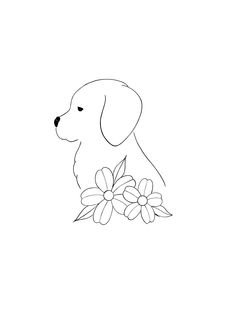 a black and white drawing of a dog with flowers