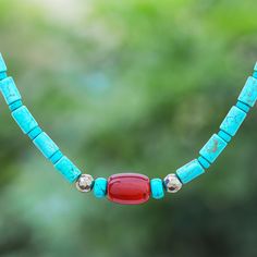 Carnelian and Reconstituted Turquoise Beaded Necklace - Summer Morning | NOVICA Om Bracelet, Cool Necklace, Turquoise Beaded Necklace, Beaded Jewelry Necklaces, Summer Morning, Master Artists, Turquoise Bead Necklaces, Coral Jewelry, Online Gift