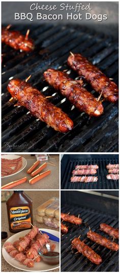 bbq bacon hot dogs are being cooked on the grill