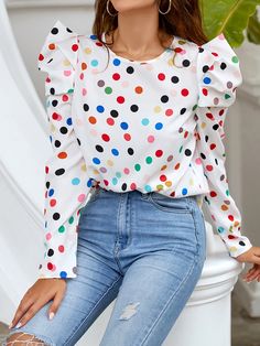 Polka Dot Gigot Sleeve Blouse White Casual  Long Sleeve Fabric Polka Dot Top Slight Stretch  Women Clothing, size features are:Bust: ,Length: ,Sleeve Length: Gigot Sleeve, Ladies Blazer, Ruffle Sleeve Blouse, Strapless Tops, Women Blouses, Puff Sleeve Blouse, Polka Dot Blouse, Crop Blouse, Inspiration Mode