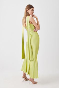 Viscose Satin V Neck Draped Back Midi Dress Satin Maxi Dress With Back Opening, Maxi Length Satin Dress With Back Opening, Green Silk Slip Dress For Formal Occasions, Formal Green Silk Slip Dress, Spring Sleeveless Satin Gown, Fitted Satin Dress With Back Opening For Spring, Spring Silk Gala Gown, Spring Fitted Satin Dress With Back Opening, Spring Gala Silk Gown