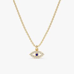 This captivating necklace features a unique evil eye pendant, crafted from solid 14k gold (available in yellow, white, or rose gold). A sparkling sapphire stone is set at the center, representing the watchful eye that wards off negativity. Tiny diamonds surround the sapphire, adding extra sparkle and emphasizing the classic evil eye design. The pendant hangs from a 14k gold chain, adding a touch of elegance and sophistication. - Handmade - Solid Gold - Natural Diamonds  - G Color, SI Quality Diamonds - Total Diamond Carat Weight: 0.06 ctw - Total Sapphire Carat Weight: 0.03 ctw - Size of Eye: 5 x 9 mm 🛠 Your Sarah Elise piece is handcrafted with care! Ready-to-ship items go out within 3 business days. Made-to-order pieces typically take 7-10 business days to create. If you need something Symbolic Yellow Gold Evil Eye Necklace, Symbolic Evil Eye Yellow Gold Necklace, 14k Yellow Gold Evil Eye Necklace, Gold Eye Necklace With Diamond Eyes, Yellow Gold Evil Eye Round Pendant Necklace, Dainty Yellow Gold Evil Eye Necklace, 14k Gold Evil Eye Necklace With Round Pendant, Elegant 14k Gold Evil Eye Charm Necklace, Yellow Gold Evil Eye Pendant Necklace