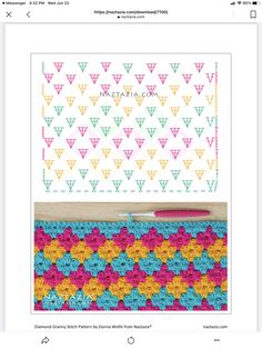 the crochet pattern is shown on an ipad screen, and there are two pictures of