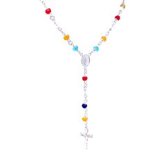 Make a statement of faith and fashion with this gorgeous Rosary necklace! This unique piece of jewelry is crafted with 14k white gold filled metal and is adorned with multicolor crystal beads. The perfect accessory for spiritual protection and elegance, this necklace makes a lovely addition to any outfit. The necklace length is about 20 inches with a 4 inches extension that ends with a crucifix pendant and is lead and nickel free, making it safe for any skin type. Whether you’re looking for a me Multicolor Spiritual Beaded Chain Jewelry, Spiritual Multicolor Beaded Chain Jewelry, Multicolor Crystal Jewelry With Gemstone Beads, Multicolor Beaded Chain Crystal Necklaces With Spiritual Style, Multicolor Beaded Chain Crystal Necklace, Spiritual Style, Multicolor Beaded Chain Spiritual Crystal Necklaces, Spiritual Multicolor Beaded Chain Crystal Necklaces, Spiritual Multicolor Crystal Necklaces With Beaded Chain, Spiritual Multicolor Sterling Silver Necklace