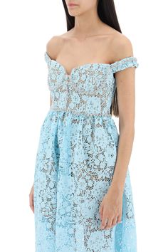 If you're looking for a dress that exudes luxury and elegance, look no further than this stunning midi dress in floral lace with crystals. The bustier bodice with shaped cups, underwire, and inner boned seams are embellished with crystal cupchains and jewel buttons, creating a truly mesmerizing look that is perfect for any special occasion. With an off-shoulder neckline, back invisible zipper and hook closure, and side seam pockets, this dress is as functional as it is beautiful. The fitted bodi Circular Skirt, Latest Fashion Design, Dress Crafts, Bustiers, Crystal Embellishment, Scalloped Hem, Lace Design, Fitted Bodice, Self Portrait