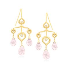 Ross-Simons - C. 1990 Vintage Michelle Mitchell 14.00ct t. w. Rose Quartz, .25ct t. w. Diamond Chandelier Earrings. C. 1990. Originally from designer Michelle Mitchell, these graceful drop earrings are presented by our Estate collection. Taking on the form of charming chandeliers, the pair is sparked by .25 ct. t. w. round brilliant-cut diamonds and suspends 14.00 ct. t. w. rose quartz briolettes that cast a beautifying pastel hue. Crafted in brushed and polished 18kt yellow gold. Hanging length Diamond Chandelier Earrings, Diamond Chandelier, Heirlooms Jewelry, Quartz Colors, Gold Sign, Natural Gold, Chic Jewelry, Blue Zircon, Pink Stone