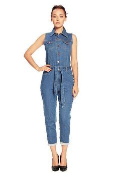 Lightweight & stretchy sleeveless jumpsuit in ankle grazer relaxed fit. point collar, chest flap pockets, button front closure,5-pocket design. Self belt. Unlined. Roll up & down cuffs Style: ﻿WEOP907 | Color: MEDIUM Materials & Care INSEAM: 25” FRONT RISE: 12 1/2” 62% Cotton | 35% Rayon | 3% Spandex Color may transfer when new. Wash once separately in cold water before wearing. Machine wash cold inside out with like colors. Do not bleach. Tumble dry low. Cool iron if needed. Imported Summer Workwear Denim Jumpsuit With Bib Front, Summer Sleeveless Utility Denim Jumpsuit, Chic Sleeveless Denim Jumpsuit With Pockets, Trendy Sleeveless Denim Jumpsuit With Pockets, Sleeveless Denim Jumpsuits And Rompers For Work, Sleeveless Denim Jumpsuit For Summer Workwear, Sleeveless Denim Jumpsuits And Rompers With Button Closure, Trendy Sleeveless Jumpsuits And Rompers With Button Closure, Medium Wash Sleeveless Denim Jumpsuit For Work