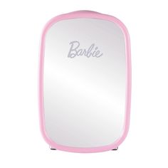 a pink and white mirror with the word barbie written on it's front side