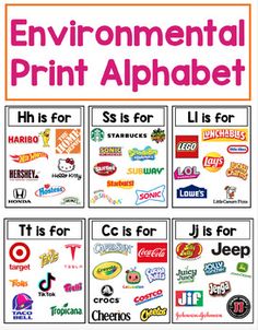 an advertisement for the environmental print alphabet, with pictures of different logos and words on it