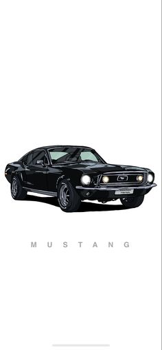 a black mustang car with the word mustang on it's side and an image of its