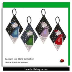 four cross stitch ornament designs with the words santa in the stars collection