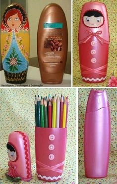 four pictures of different items made out of plastic bottles and pencils in the shape of dolls