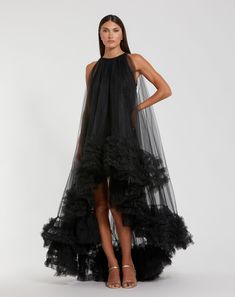 Tulle High Neck Sleeveless Ruffled Hem Hi-Lo Gown Hi Low Gown, Black Tulle Dress, High Neck Sleeveless, Black Tulle, Mac Duggal, Black Gown, Tulle Fabric, Hem Style, Vow Renewal