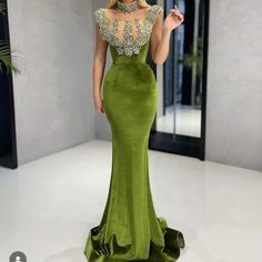 Beautiful Olive Velvet Green, Made In Europe By Hand. The Most Beautiful Dress. Price Is 50% Off (Paid Almost $900 With Tax) Will Not Accept Anything Less Than $450. Prom Dresses High Neck, Green Mermaid Prom Dress, High Neck Evening Dress, Trumpet Evening Dress, Dresses High Neck, High Neck Prom Dress, Green Mermaid, Dresses Classy, Prom Dresses Sleeveless