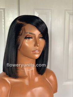 Image of a side parted swooped bang wig displayed on a mannequin head. The wig is natural black and has baby hair. The wig is cut in a bob and is modeled on a brown mannequin head. This wig is created by a black woman owned wig business, Flowery Units. Bang Bob, Weave Bob Hairstyles, Tiny Hair Clip, Side Part Hairstyles, How To Style Bangs, Bobby Pin, Braided Hairstyles For Black Women, Side Part, Box Braids Hairstyles