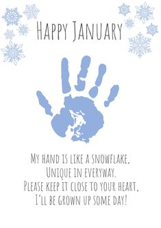 a blue hand print with the words happy january on it and snowflakes in the background