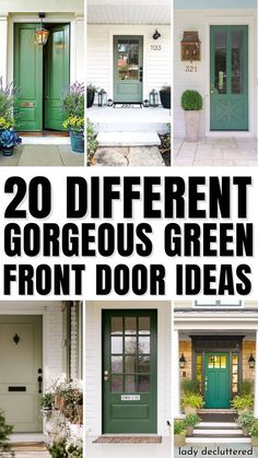 Having a beautiful green front door can make a striking statement in any yard or porch. From calming and inviting sage greens to brilliant and energizing emeralds, there are countless shades to choose from to achieve the perfect look. - Lady Decluttered | Green Front Door Ideas Front Door Color Cream House, Mint Green Doors Front Entrance, Blue House Green Front Door, Green Door House Exterior, White House With Sage Door, Green Exterior Door Paint Colors, Green Painted Front Doors, Unusual Front Door Colors, Emerald Green Doors Front Entrance