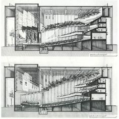 two drawings of the interior and exterior of a building, with different sections in black and white