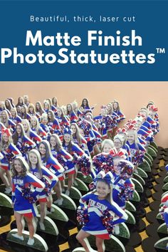 a group of cheerleaders in blue and red outfits with the words matte finish photo stautetes