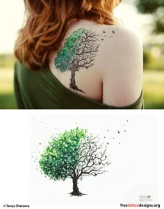 the back of a woman's shoulder with an image of a tree painted on it