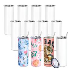 thermos are lined up next to each other with different designs and colors on them