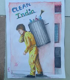 a drawing of a boy carrying a trash can on his back and the words clean india above him