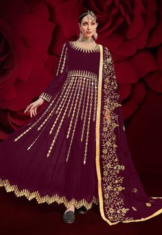 Wine Golden Mirror Work Flared Anarkali Pant Suit Pink Anarkali Suits, Flared Anarkali, Anarkali Tops, Georgette Anarkali Suits, Floor Length Anarkali, Pink Anarkali, Golden Mirror, Georgette Anarkali, Traditional Suit