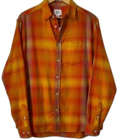 Casual Yellow Shirt For Fall, Casual Yellow Button-up Flannel Shirt, Casual Yellow Cotton Flannel Shirt, Oversized Yellow Cotton Shirt, Retro Yellow Shirt For Fall, Vintage Yellow Shirt With Relaxed Fit, Vintage Yellow Relaxed Fit Shirt, Orange Casual Cotton Flannel Shirt, Casual Orange Cotton Flannel Shirt