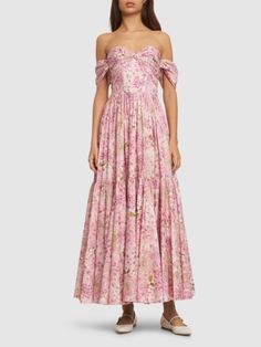 Printed poplin draped maxi dress - Giambattista Valli - Women | Luisaviaroma Pre-draped Pink Spring Dress, Pink Voluminous Evening Dress, Feminine Voluminous Pink Dress, Pink Maxi Dress With Ruched Bodice, Voluminous Dresses For Summer Garden Party, Flowy Ruched Pink Maxi Dress, Summer Dress With Ruched Bodice And Voluminous Fit, Fitted Pre-draped Maxi Dress For Spring, Spring Draped Maxi Dress With Ruched Bodice