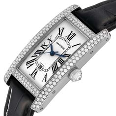 Cartier Tank Americaine White Gold Diamond Ladies Watch 2490. Automatic self-winding movement. 18k white gold case 22.0 x 41.0 mm. Octogonal crown set with an original Cartier factory diamond. Original Cartier factory double-row diamonds lug to lug. 18k white gold bezel with original Cartier factory double-row diamonds. Scratch resistant sapphire crystal. Silvered guilloche dial with black Roman numerals. Blued steel sword shaped hands. Secret Cartier signature at VII. Date window at 6 o'clock. Cartier Designer Diamond Watch, Cartier Diamond Watch With Brilliant Cut, Designer Cartier Diamond Watch, Luxury Cartier Diamond Watch With Diamond Accents, Designer Cartier Diamond Watch With Diamond Hour Markers, Cartier Diamond Watch With Diamond Hour Markers For Anniversary, Cartier Designer Diamond Watch With Diamond Hour Markers, Classic Diamond Watch With Palladium Hardware, Timeless Cartier Diamond Watch In Platinum