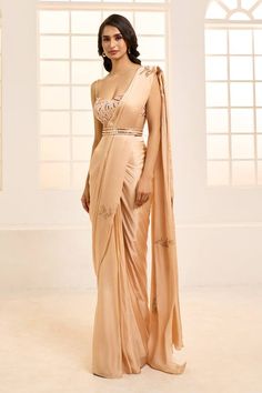 Beige pre-draped saree with leaf motif embroidery. Comes with sequin embroidered padded blouse and matching belt. - Aza Fashions Draped Saree, Motif Embroidery, Padded Blouse, Drape Saree, Leaf Motif, Blouse For Women, Saree With Blouse, Embroidered Blouse, Bright Color