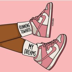 two pink sneakers with running towards my dreams written on the soles, against a pink background