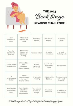 the 2021 book bingo reading challenge is shown with an image of a woman sitting in a chair