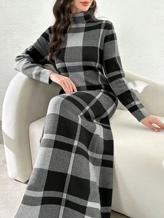 Women's Plaid High Neck Long Sleeve Maxi Casual Sweater Dress, Autumn/Winter Multicolor Casual  Long Sleeve Knitted Fabric Plaid  Medium Stretch  Women Clothing, size features are:Bust: ,Length: ,Sleeve Length: Casual Sweater Dress, Plaid Dresses, Sweater Dress Casual, Black And White Baby, Flared Leggings, Women Sweaters Winter, Dress Autumn, Casual Sweater, Sweater Dress Women