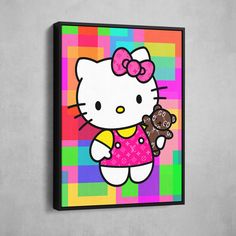 a hello kitty holding a teddy bear in front of a colorful background with squares on it