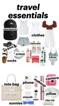 travel essentials for women in white and black, with text overlaying the image