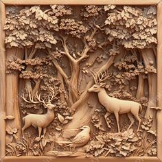 an intricate carved wood panel depicting deer and birds in the woods with trees, grass and flowers